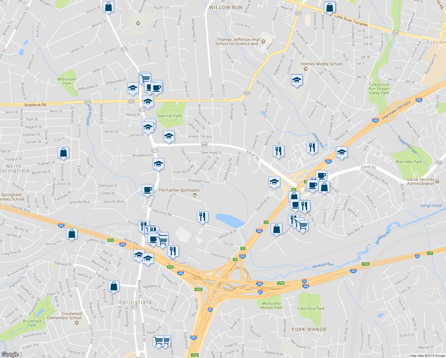 map of restaurants, bars, coffee shops, grocery stores, and more near 5412 Blacksburg Road in Springfield