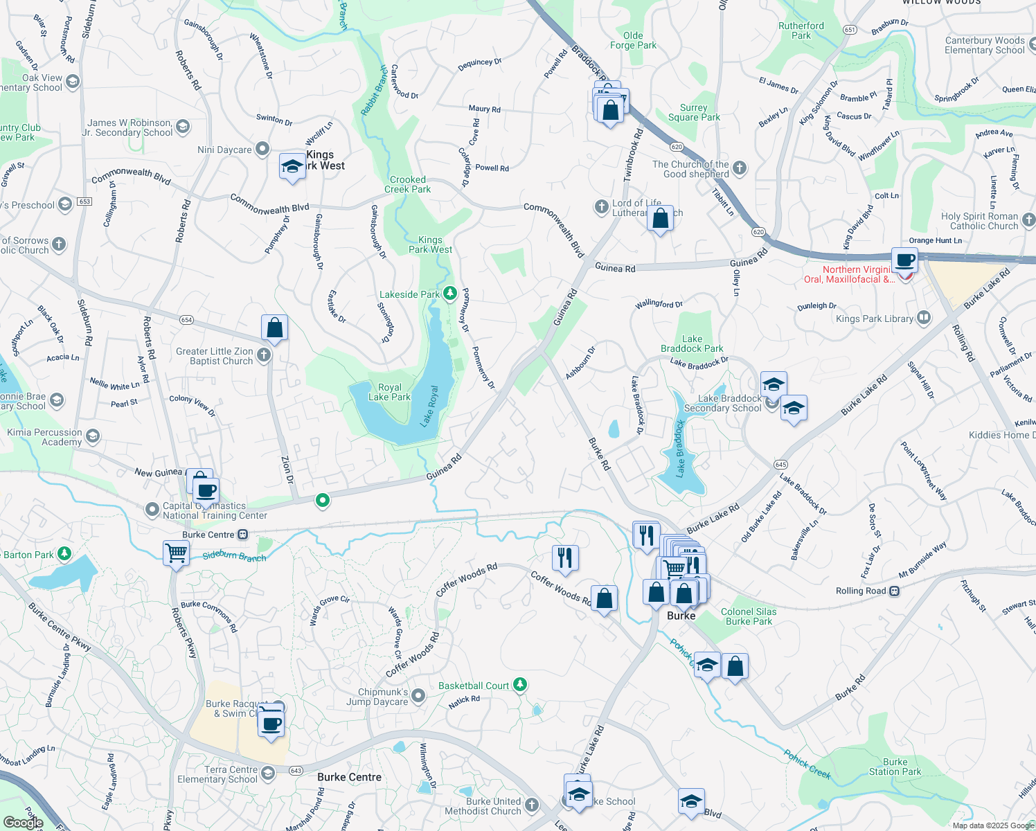 map of restaurants, bars, coffee shops, grocery stores, and more near 9626 Pierrpont Street in Burke