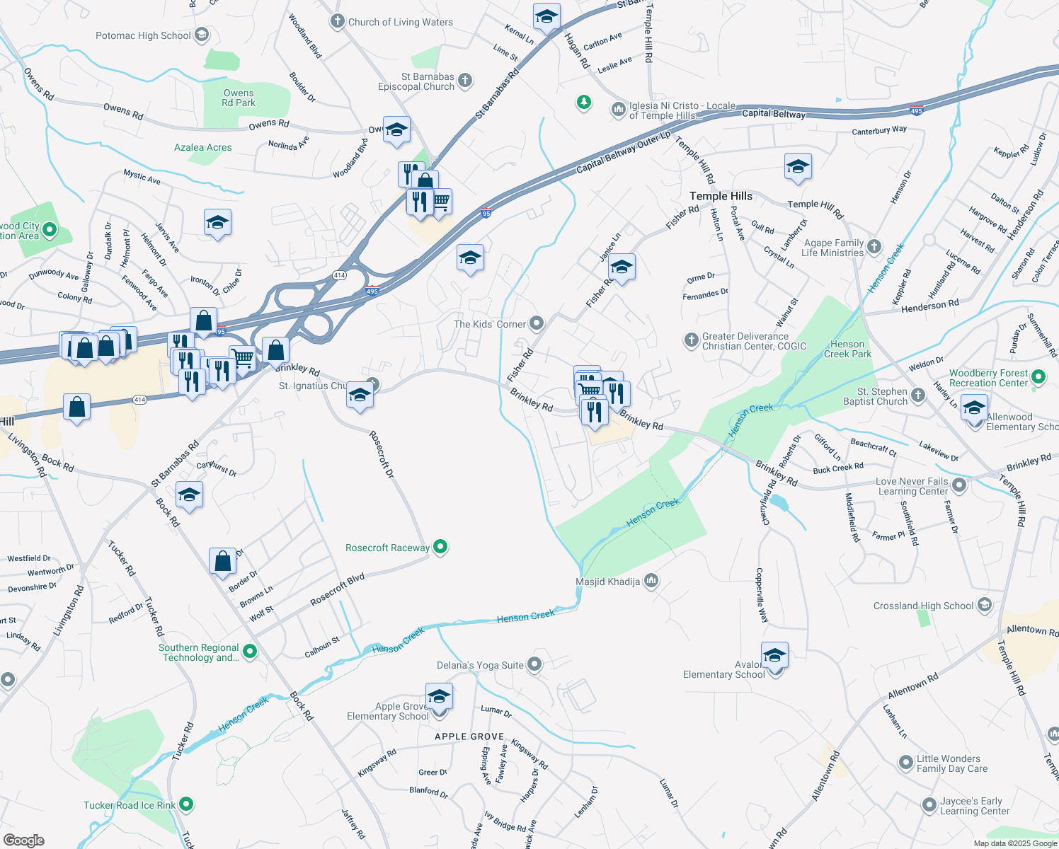 map of restaurants, bars, coffee shops, grocery stores, and more near 6232 Joe Klutsch Drive in Fort Washington