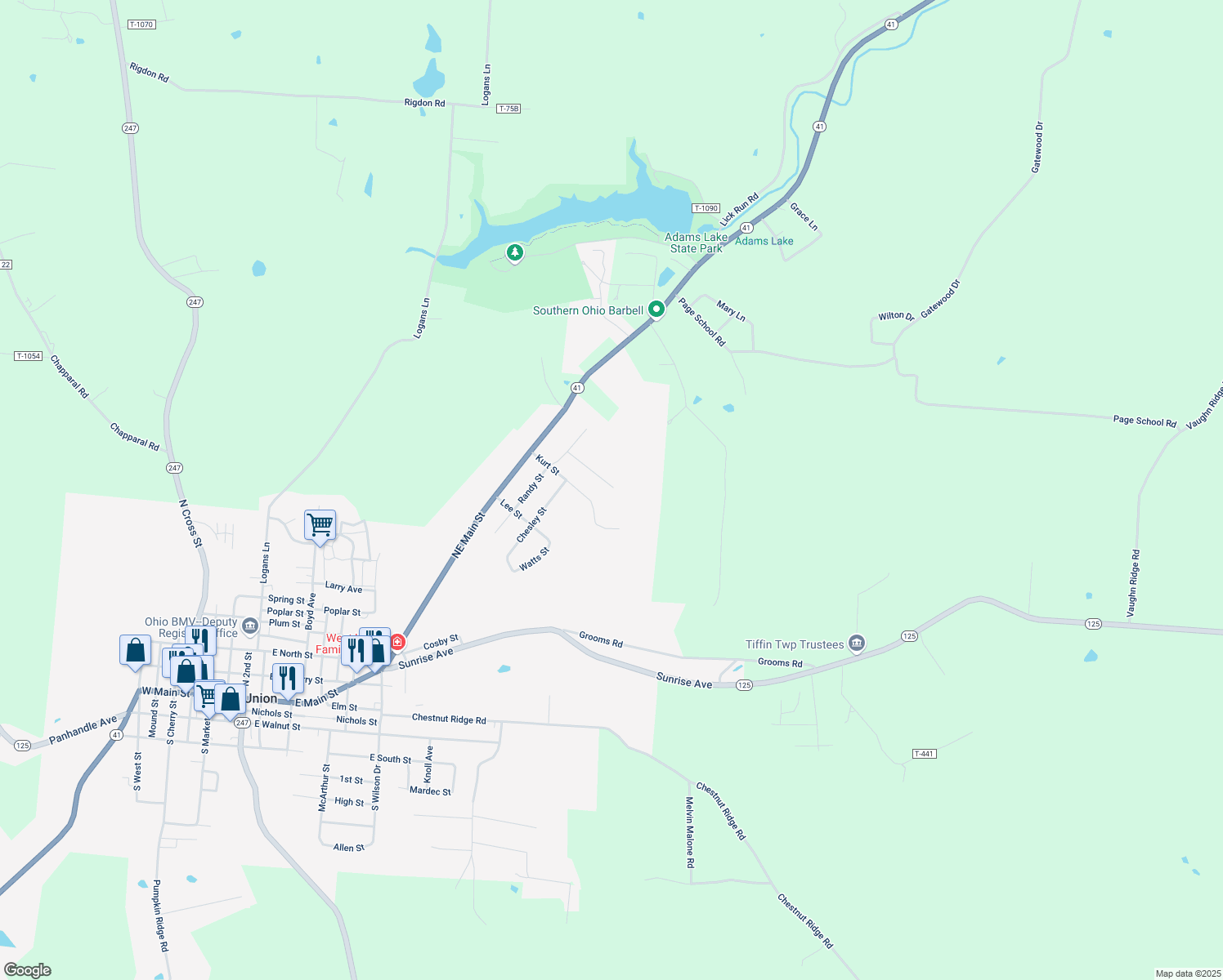 map of restaurants, bars, coffee shops, grocery stores, and more near 166 Ballard Street in West Union