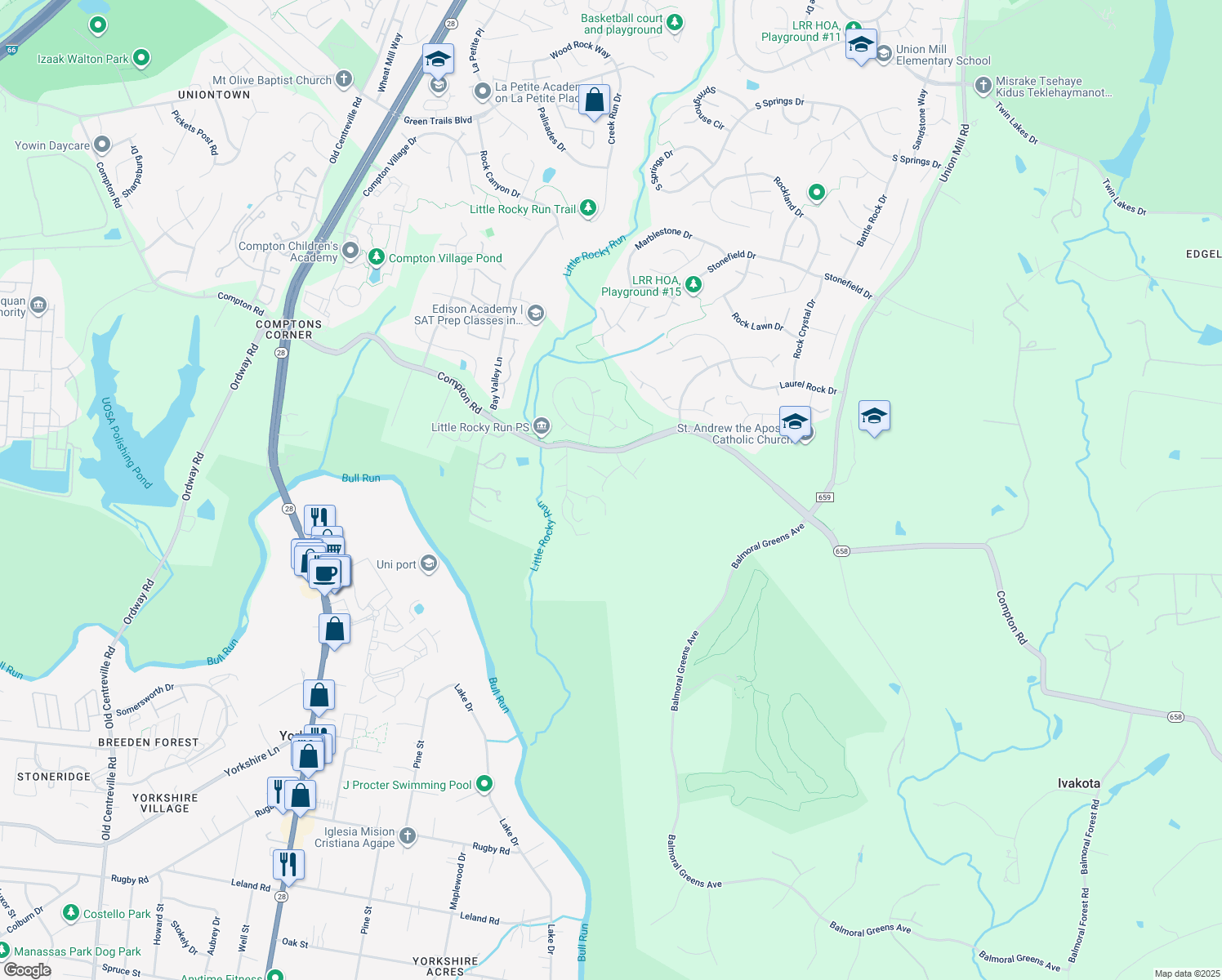 map of restaurants, bars, coffee shops, grocery stores, and more near 14005 Tarn Hill Drive in Clifton