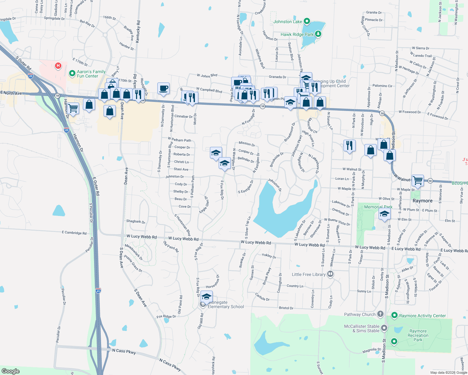 map of restaurants, bars, coffee shops, grocery stores, and more near 108 S Westglen Dr in Raymore