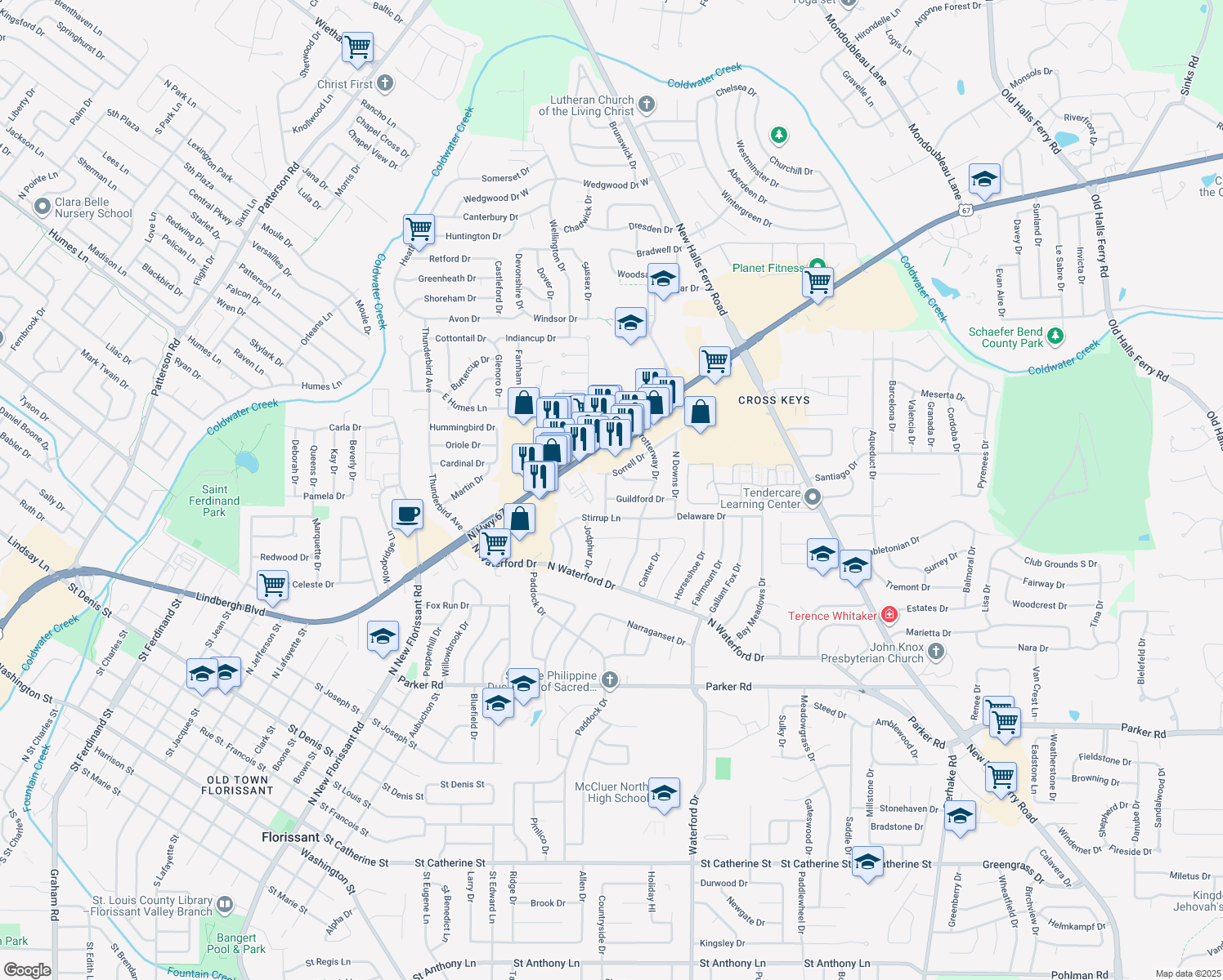 map of restaurants, bars, coffee shops, grocery stores, and more near 1840 Banstead Drive in Florissant