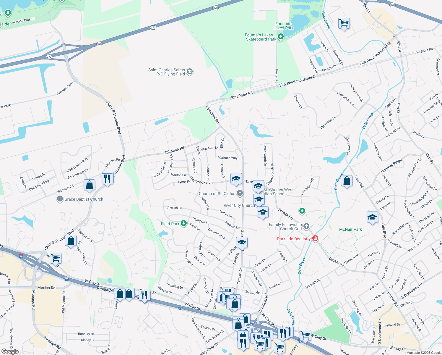 map of restaurants, bars, coffee shops, grocery stores, and more near 2905 Hameln Drive in Saint Charles