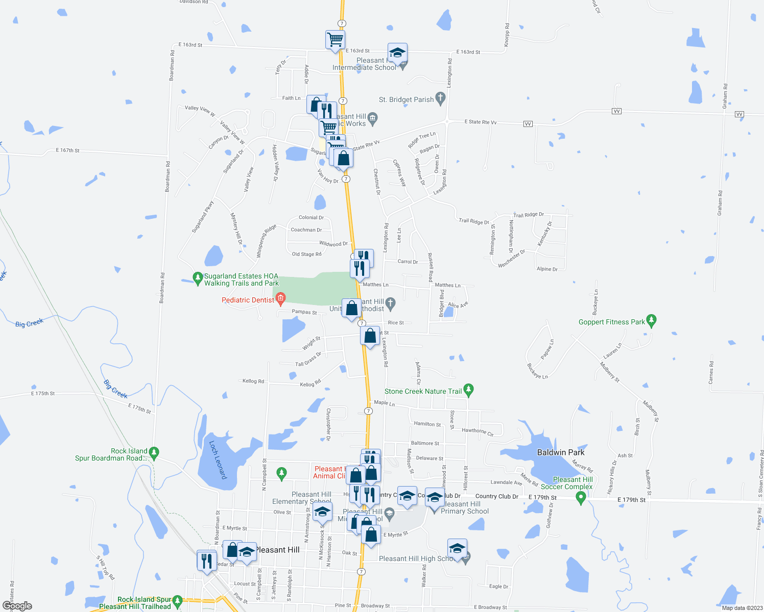 map of restaurants, bars, coffee shops, grocery stores, and more near Lexington Road in Pleasant Hill