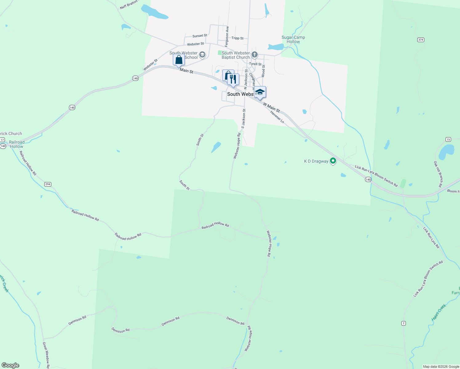 map of restaurants, bars, coffee shops, grocery stores, and more near 1610 Webster-Hope Road in South Webster