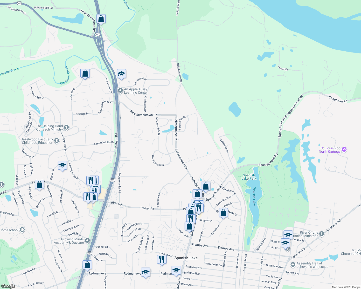 map of restaurants, bars, coffee shops, grocery stores, and more near 12600 Bellefontaine Road in St. Louis