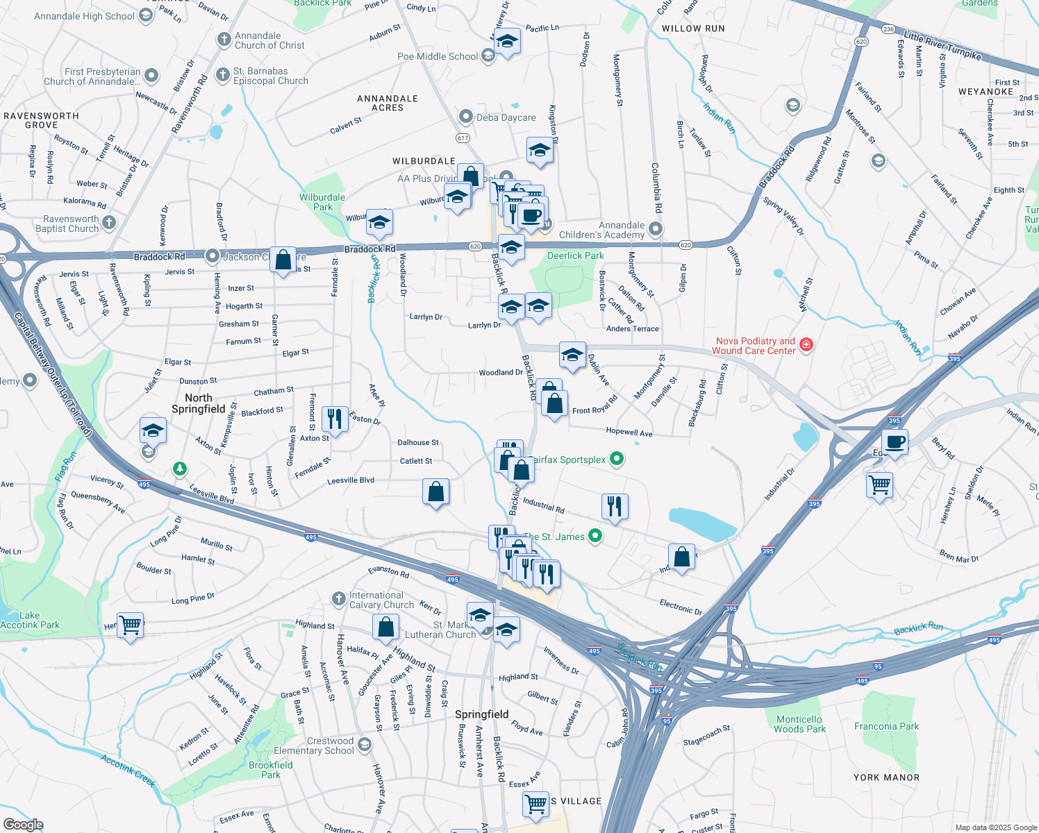 map of restaurants, bars, coffee shops, grocery stores, and more near 7023 Leewood Forest Drive in Springfield