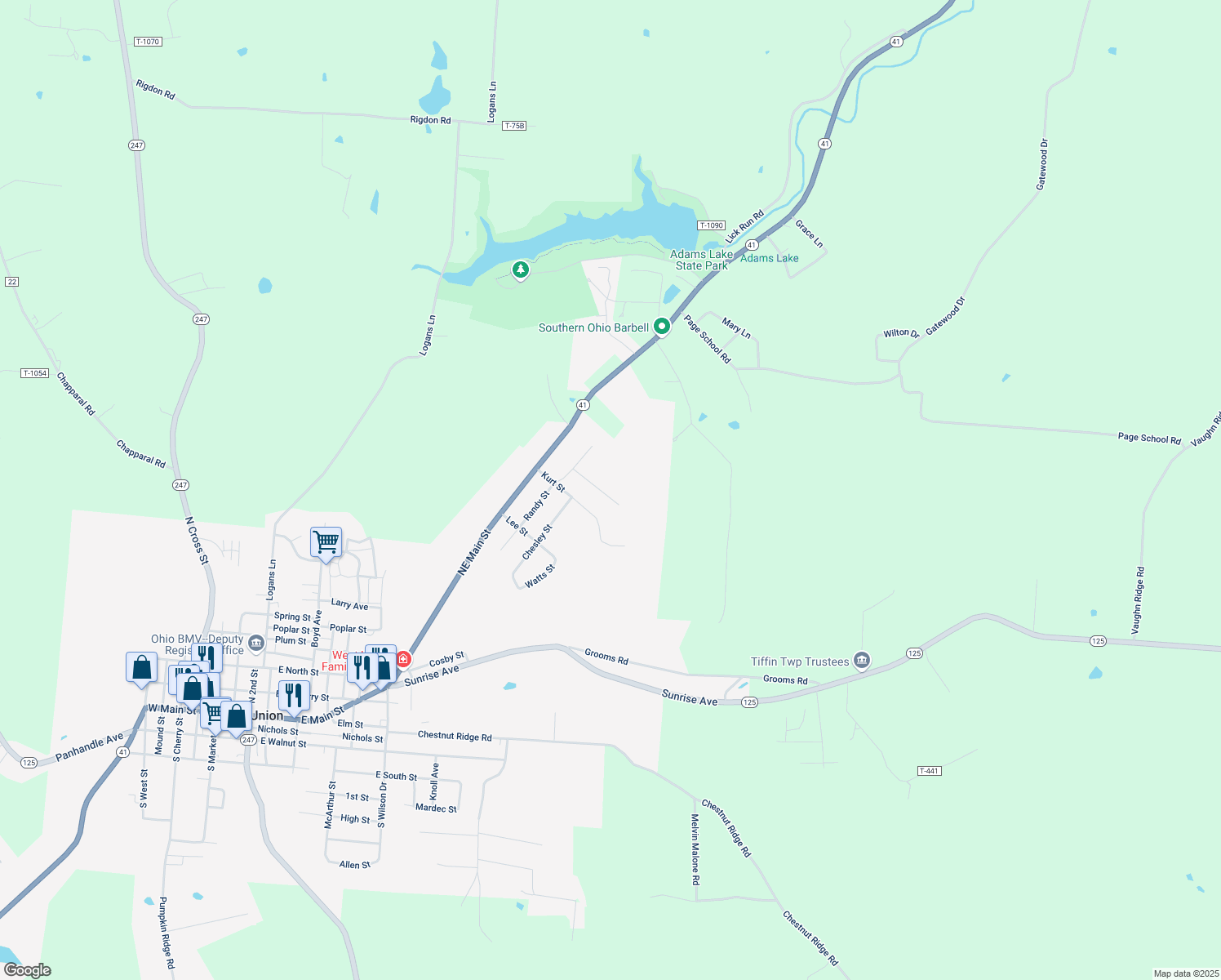map of restaurants, bars, coffee shops, grocery stores, and more near 166 Ballard Street in West Union