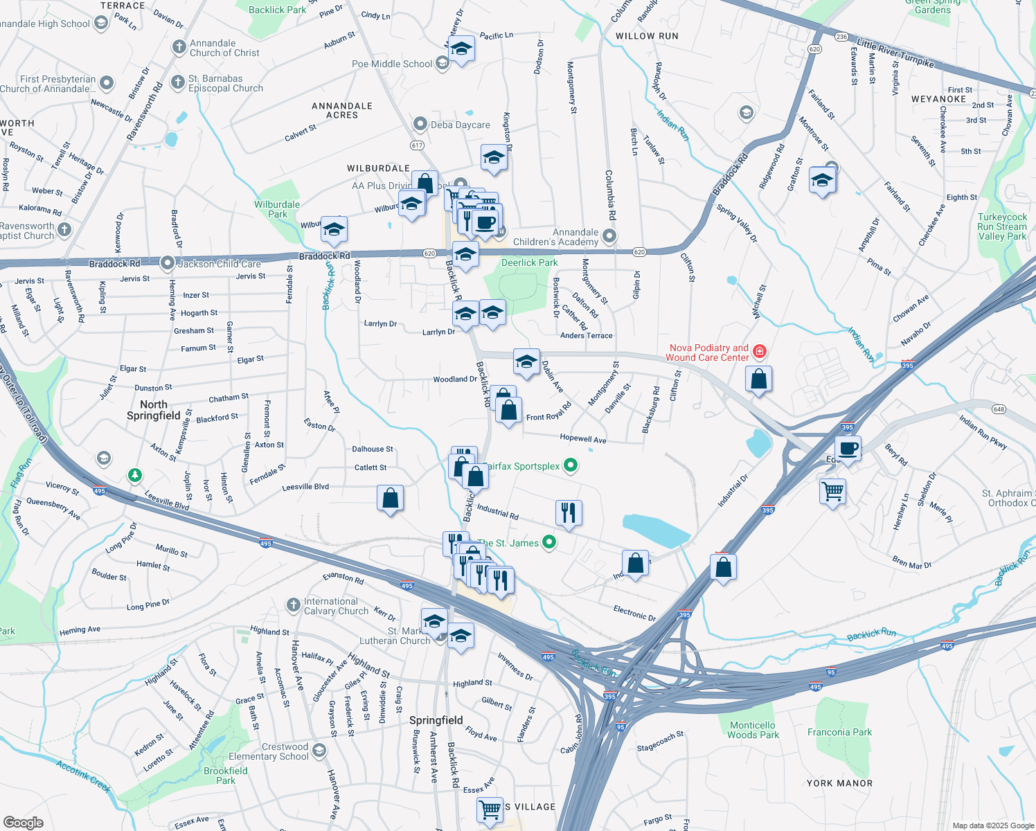 map of restaurants, bars, coffee shops, grocery stores, and more near 5412 Gainesville Rd in Springfield