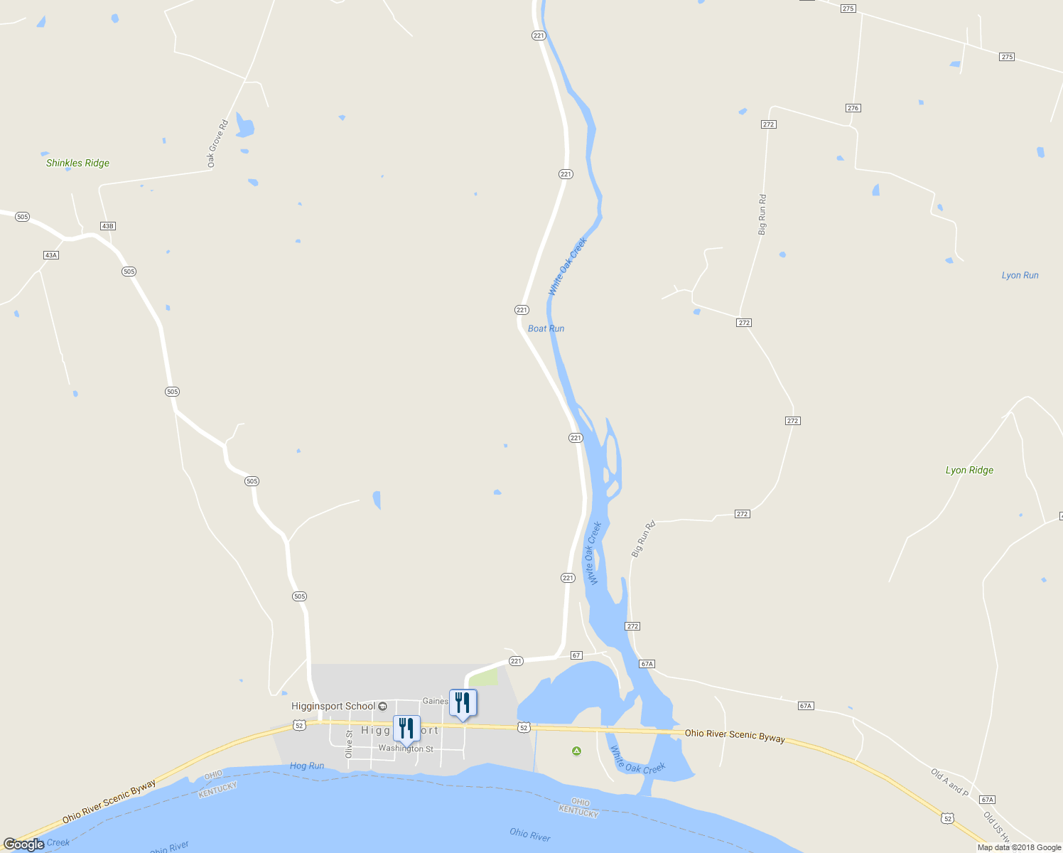 map of restaurants, bars, coffee shops, grocery stores, and more near 6043 Ohio 221 in Georgetown