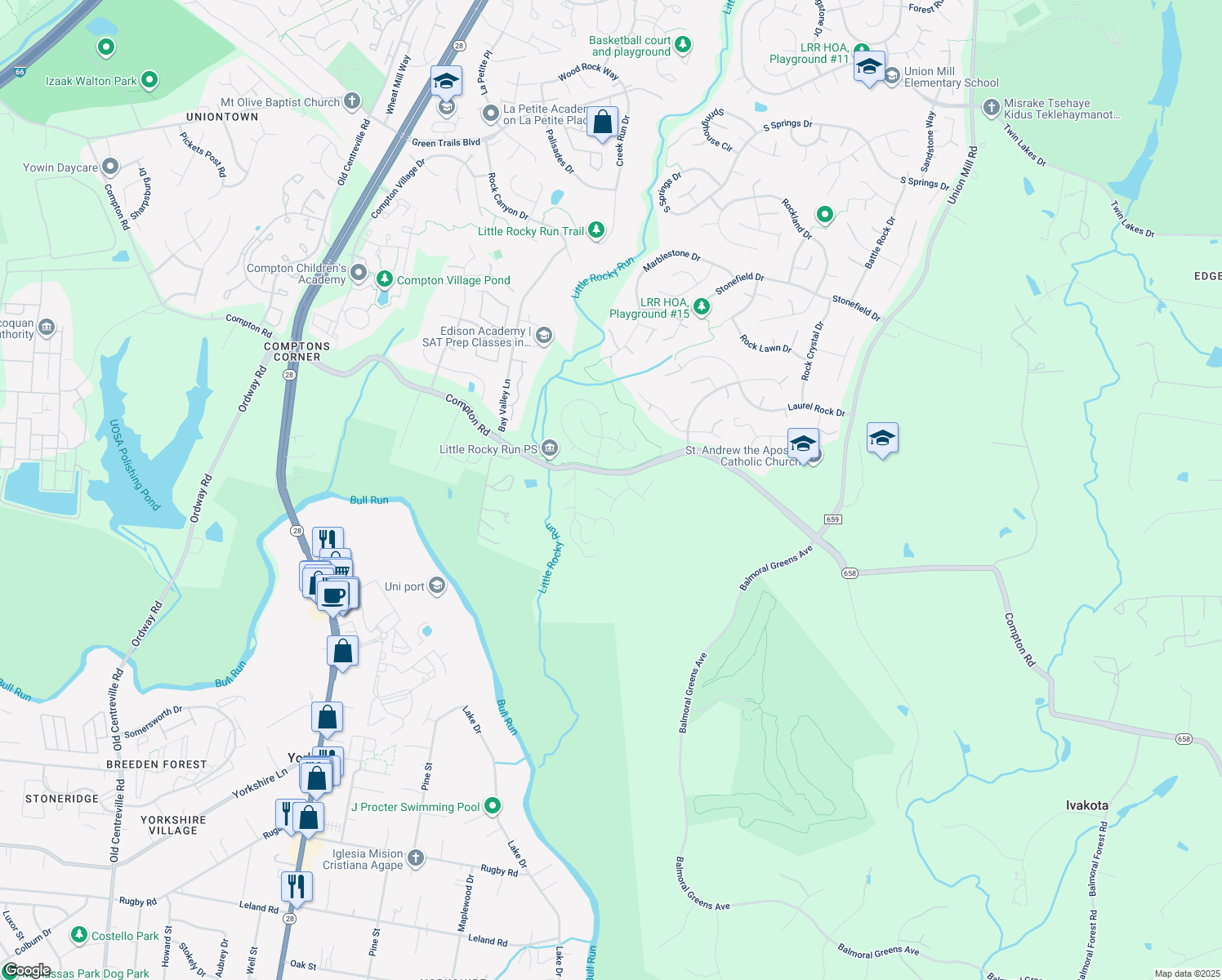 map of restaurants, bars, coffee shops, grocery stores, and more near 14002 Tarn Hill Drive in Clifton