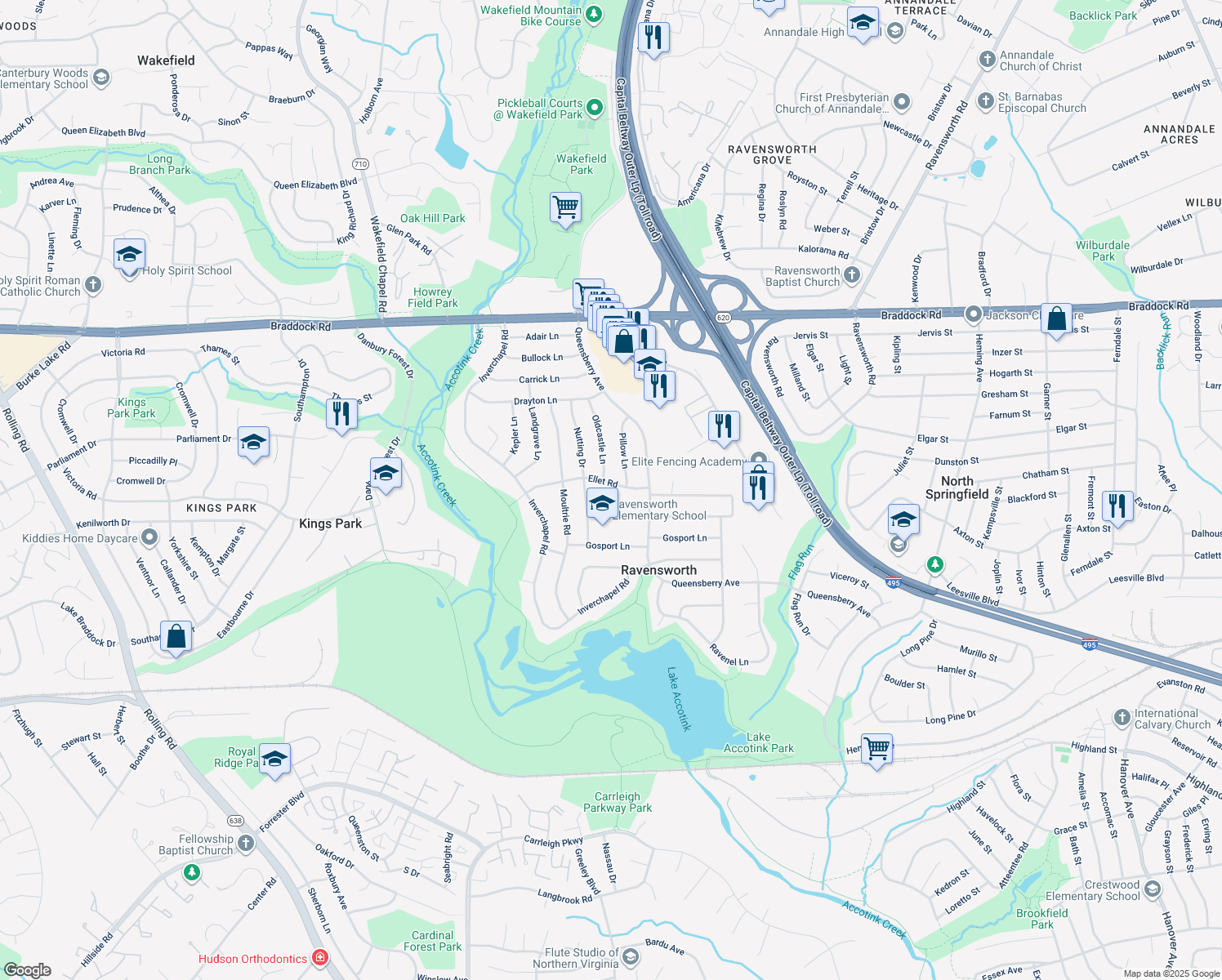 map of restaurants, bars, coffee shops, grocery stores, and more near 8013 Ellet Road in Springfield
