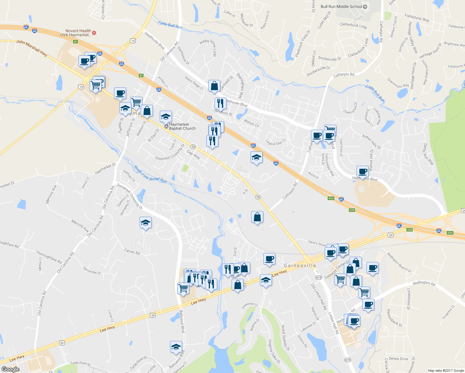 map of restaurants, bars, coffee shops, grocery stores, and more near 14448 Village High Street in Gainesville