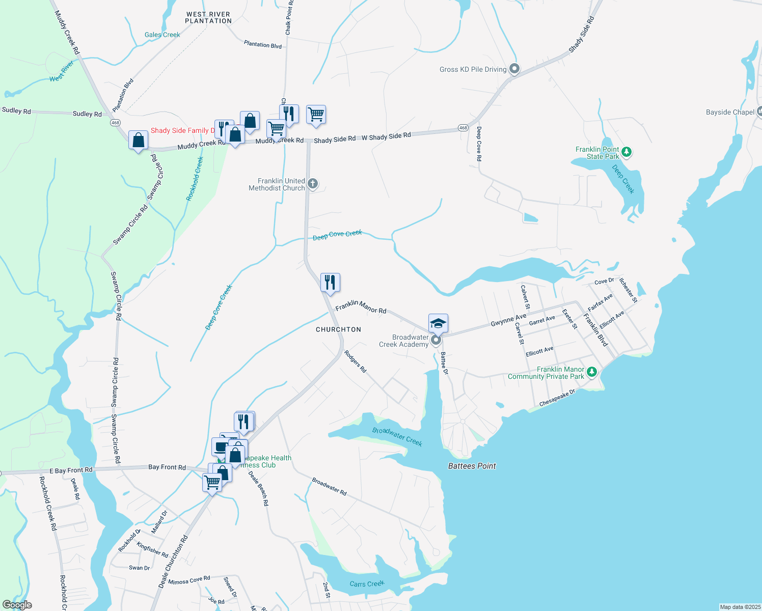 map of restaurants, bars, coffee shops, grocery stores, and more near 944 Franklin Manor Road in Deale