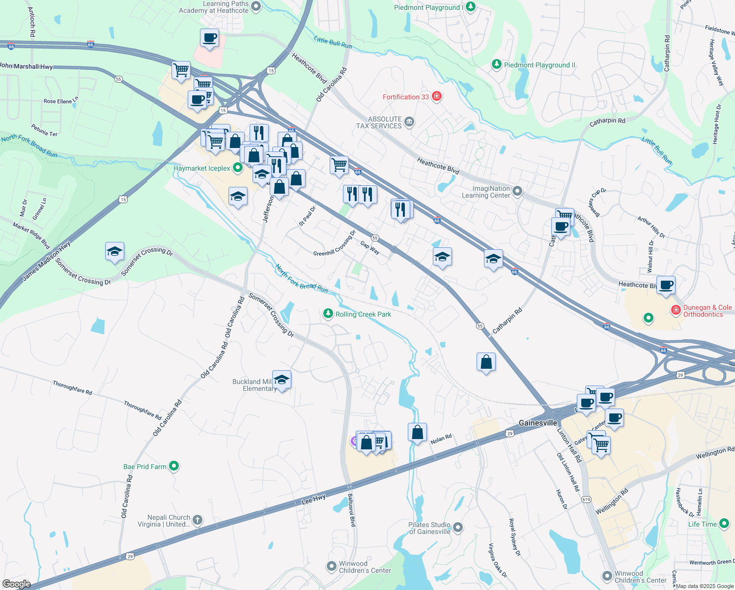 map of restaurants, bars, coffee shops, grocery stores, and more near 7053 Sauvage Ln in Gainesville