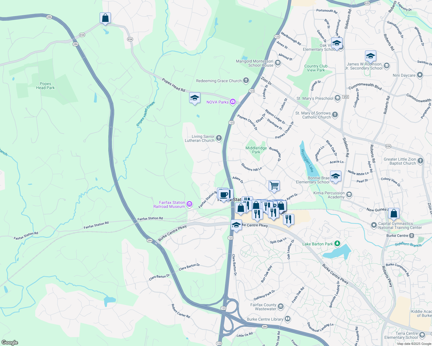 map of restaurants, bars, coffee shops, grocery stores, and more near 11150 Rokeby Lane in Fairfax Station