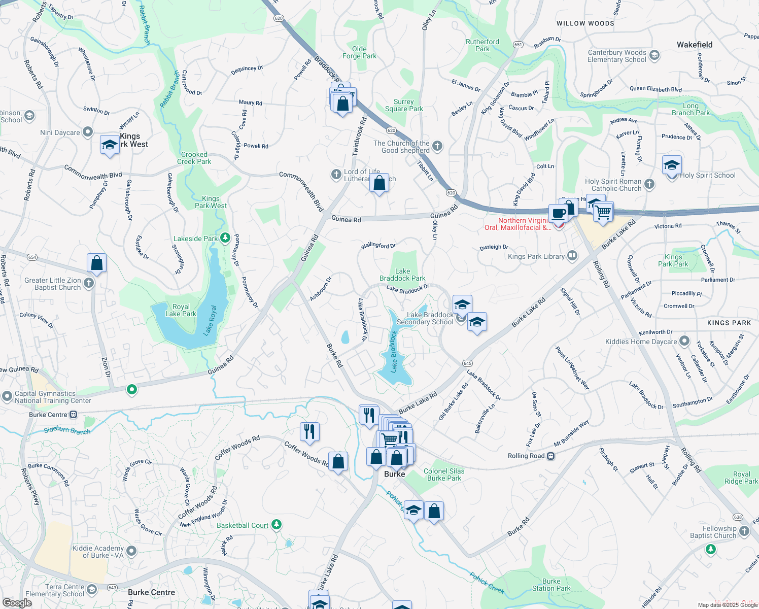 map of restaurants, bars, coffee shops, grocery stores, and more near 5432 Lighthouse Ln in Burke