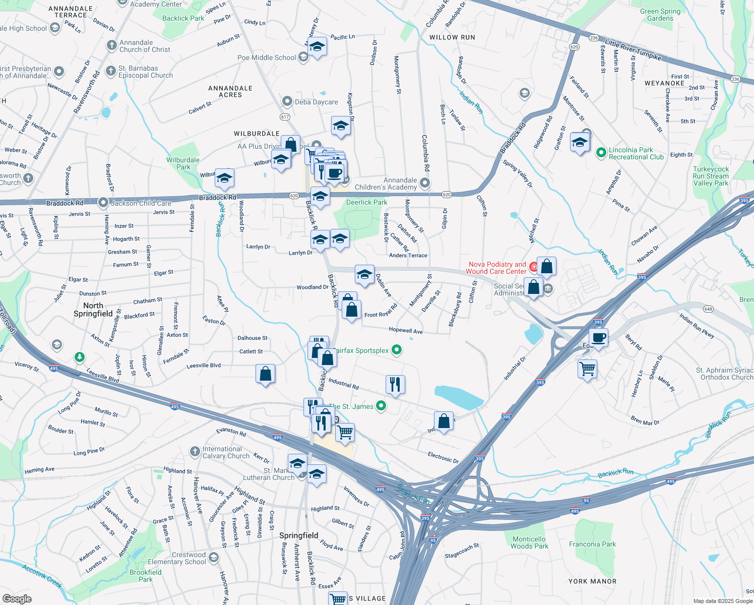 map of restaurants, bars, coffee shops, grocery stores, and more near 6806 Galax Court in Springfield