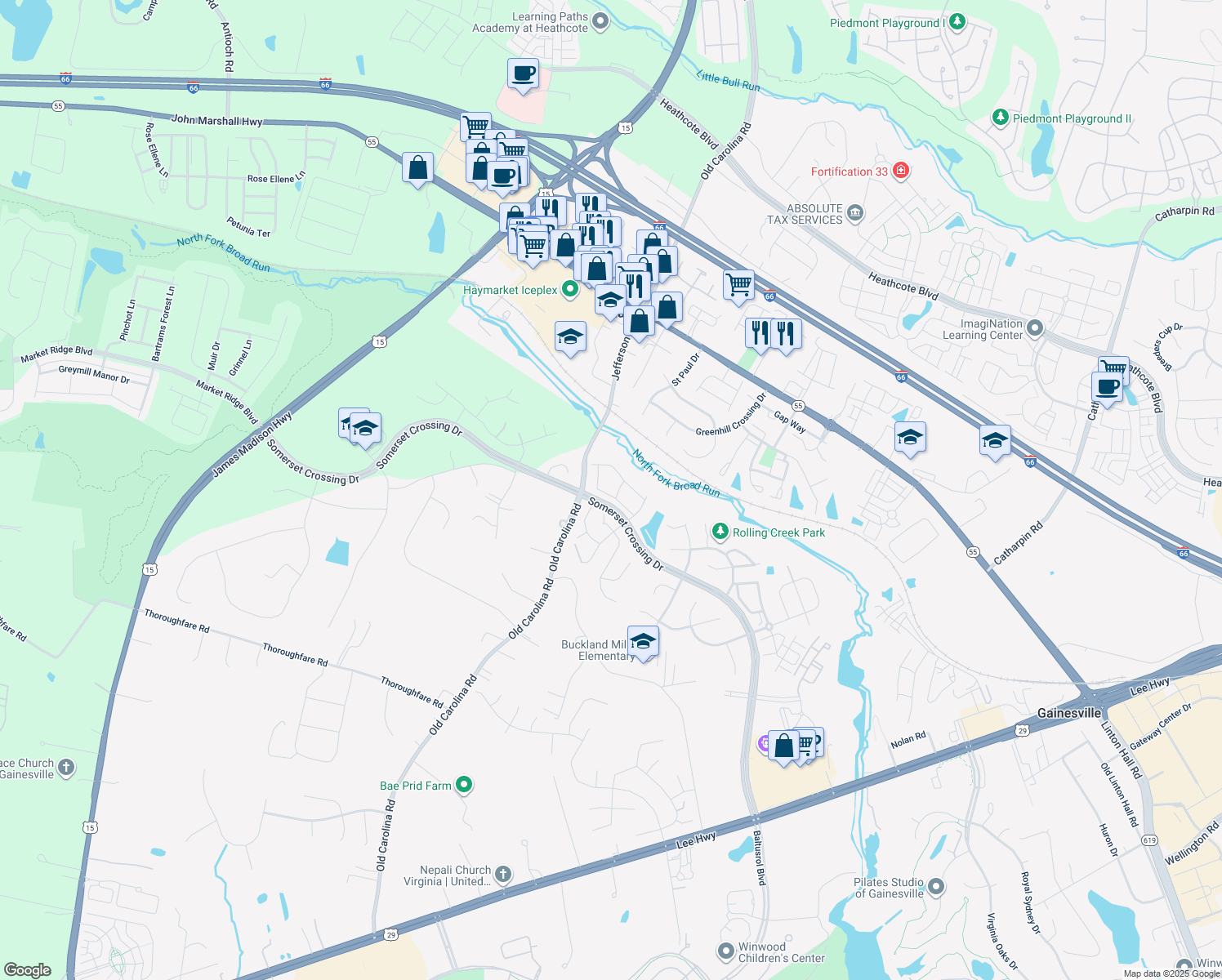 map of restaurants, bars, coffee shops, grocery stores, and more near 15127 Gaffney Cir in Gainesville