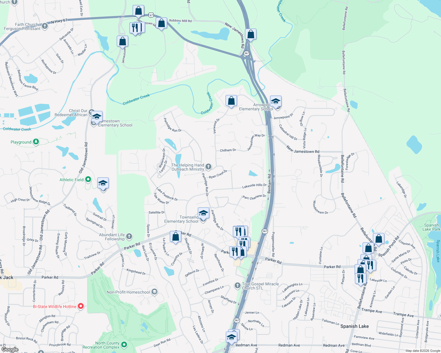 map of restaurants, bars, coffee shops, grocery stores, and more near 6750 Ryan Crest Drive in Florissant