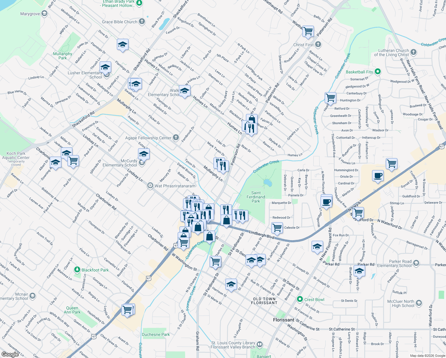 map of restaurants, bars, coffee shops, grocery stores, and more near 525 Mullanphy Road in Florissant