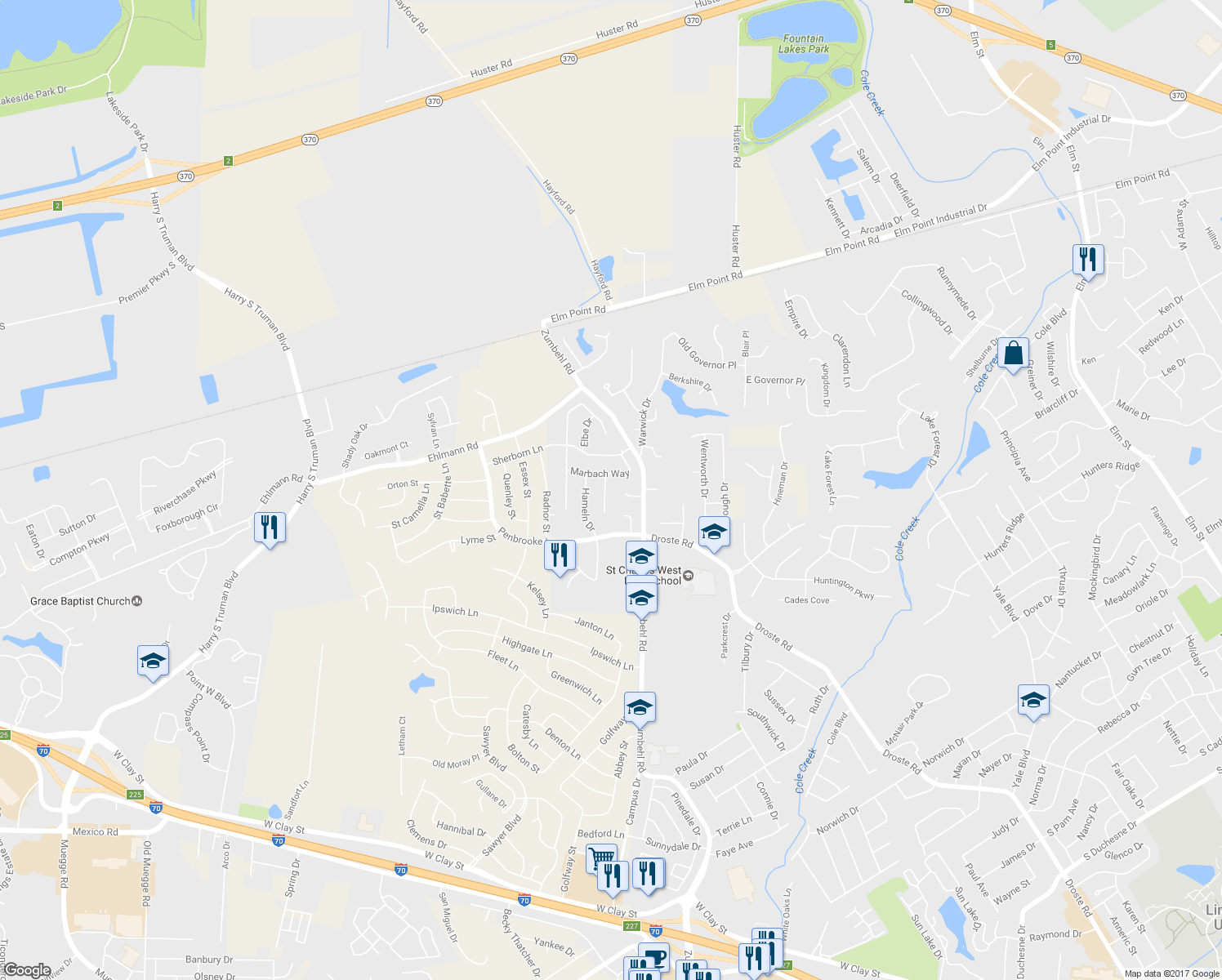 map of restaurants, bars, coffee shops, grocery stores, and more near 2932 Marbach Court in Saint Charles