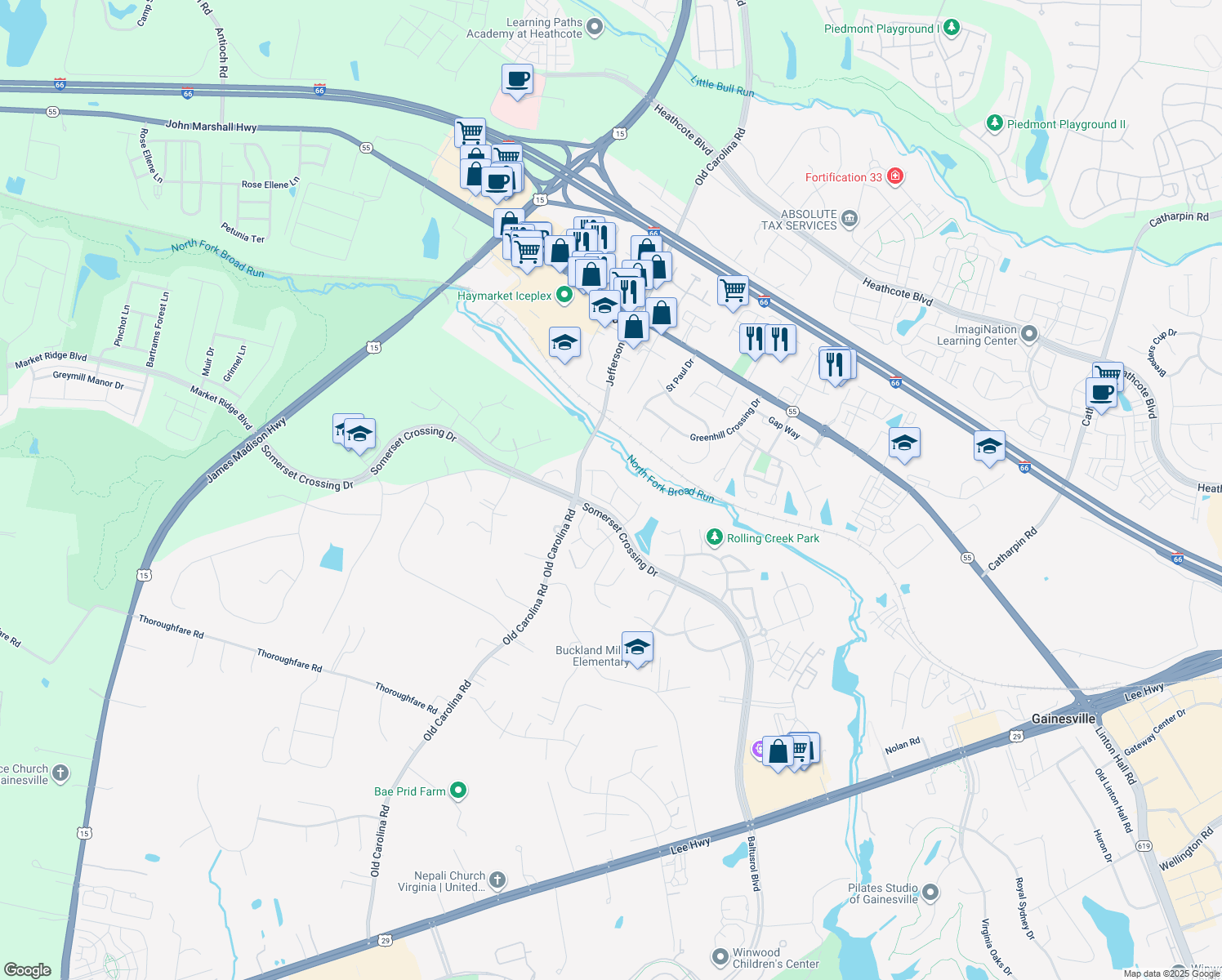 map of restaurants, bars, coffee shops, grocery stores, and more near 7106 Wheeling Way in Gainesville