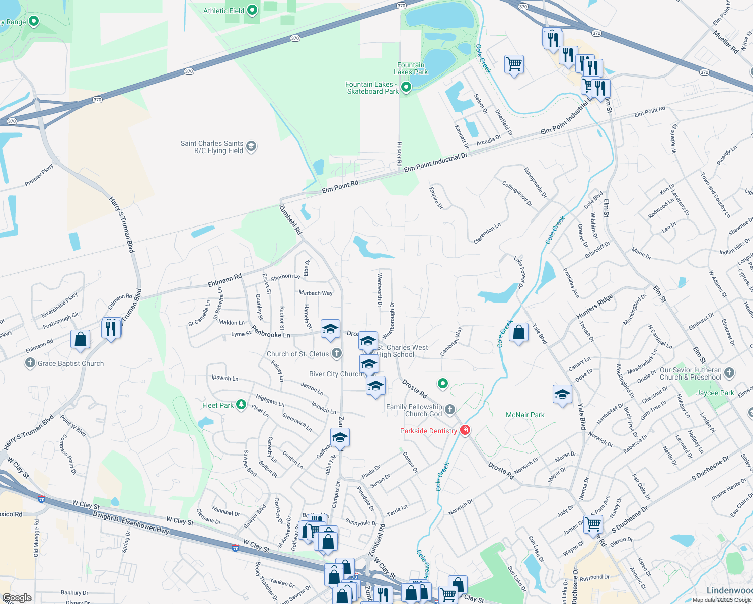 map of restaurants, bars, coffee shops, grocery stores, and more near 2949 Wentworth Drive in Saint Charles