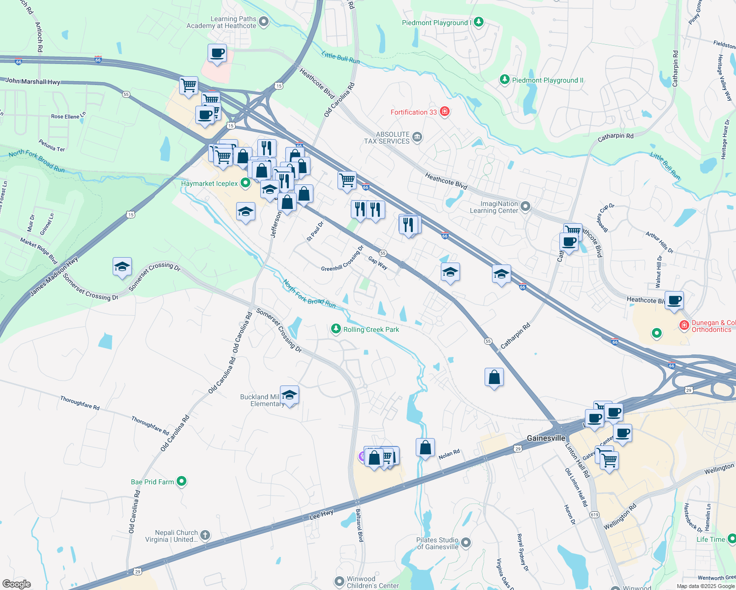 map of restaurants, bars, coffee shops, grocery stores, and more near 7001 Sunapple Place in Gainesville