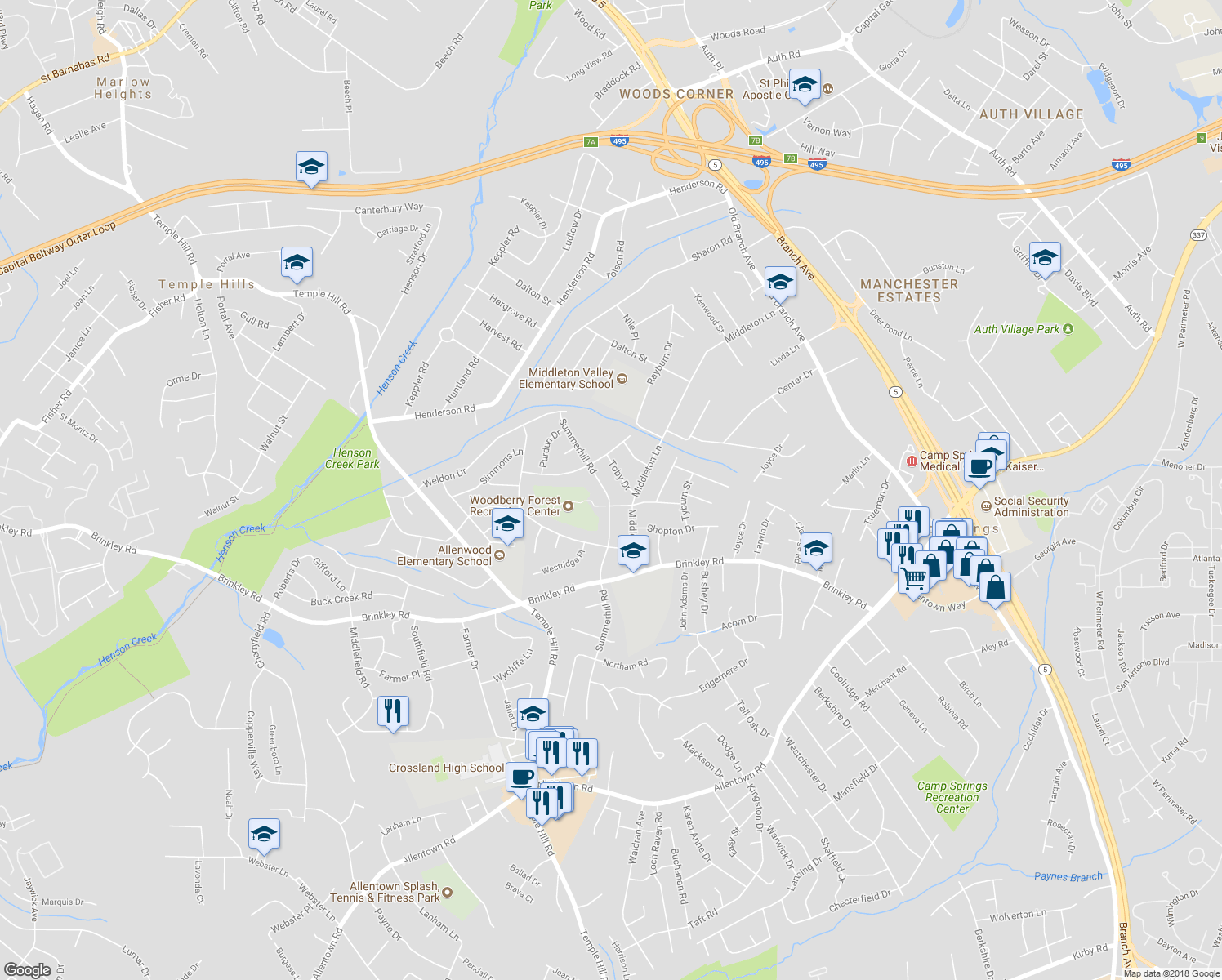 map of restaurants, bars, coffee shops, grocery stores, and more near 6110 Summerhill Road in Temple Hills