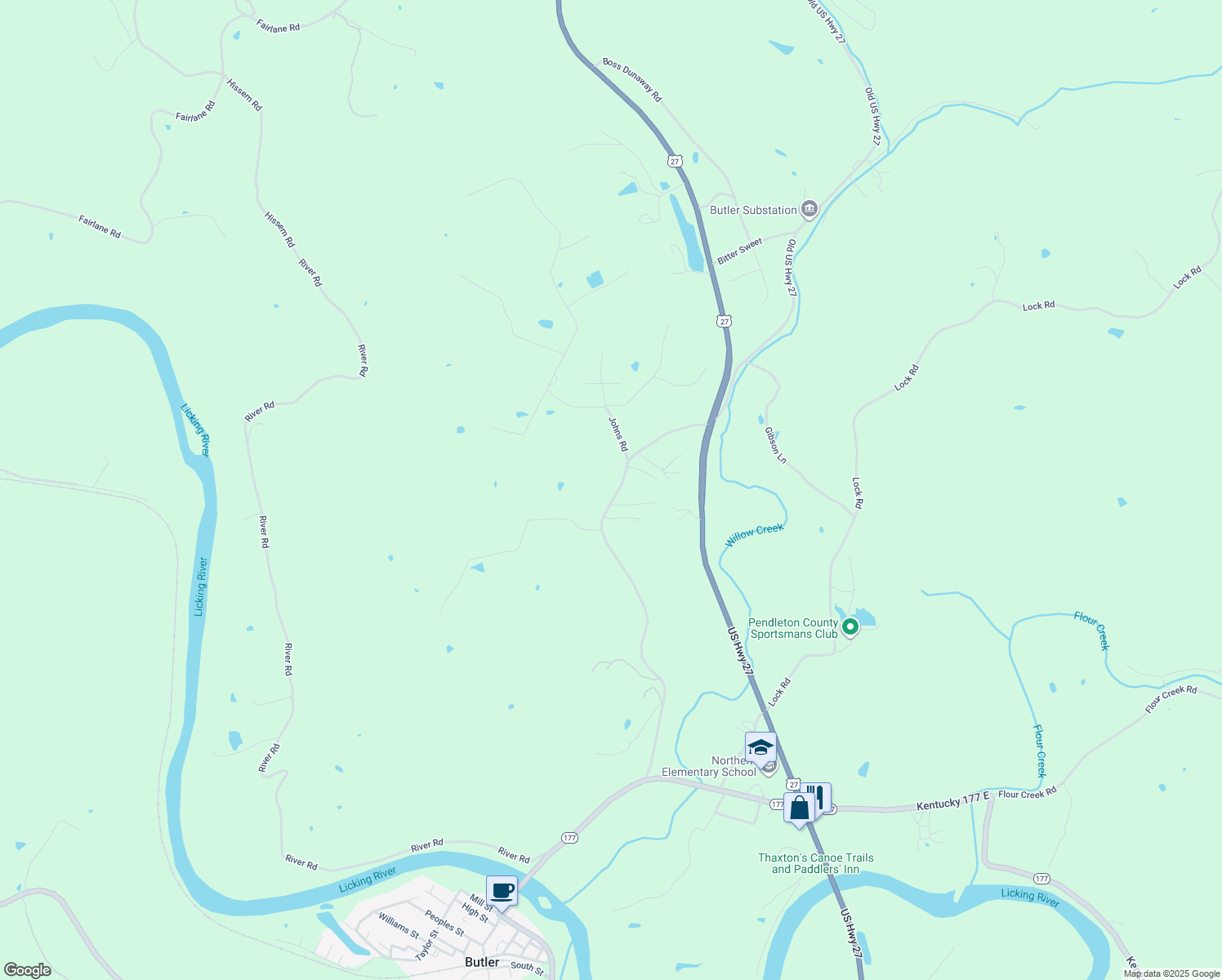 map of restaurants, bars, coffee shops, grocery stores, and more near 304 Kentucky 3149 in Butler