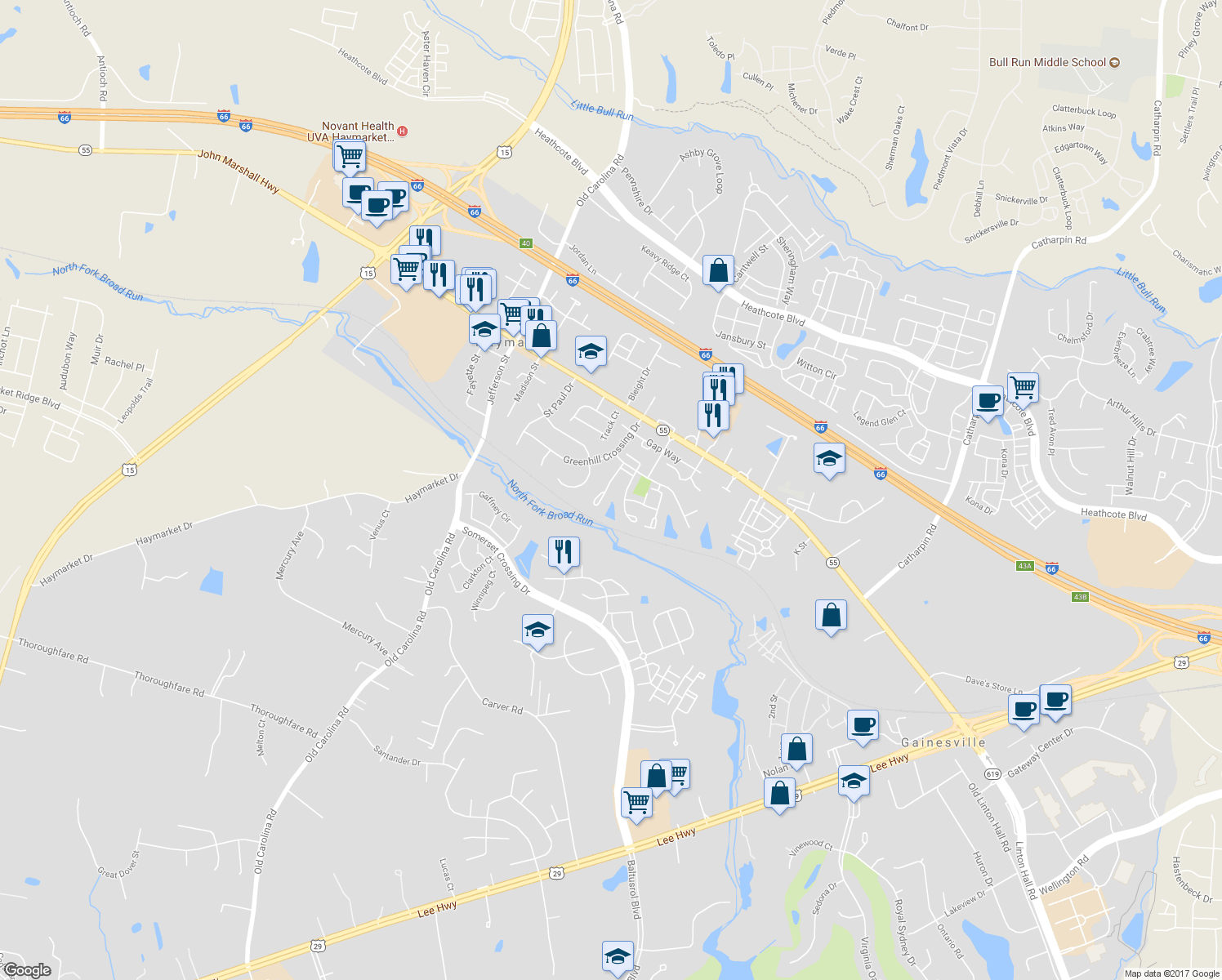 map of restaurants, bars, coffee shops, grocery stores, and more near 6985 Manahoac Place in Gainesville