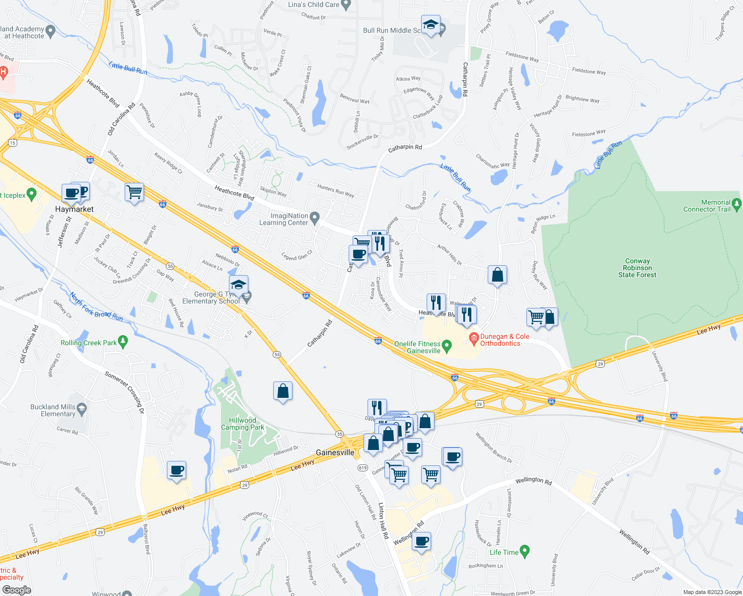 map of restaurants, bars, coffee shops, grocery stores, and more near 7093 Kona Drive in Gainesville