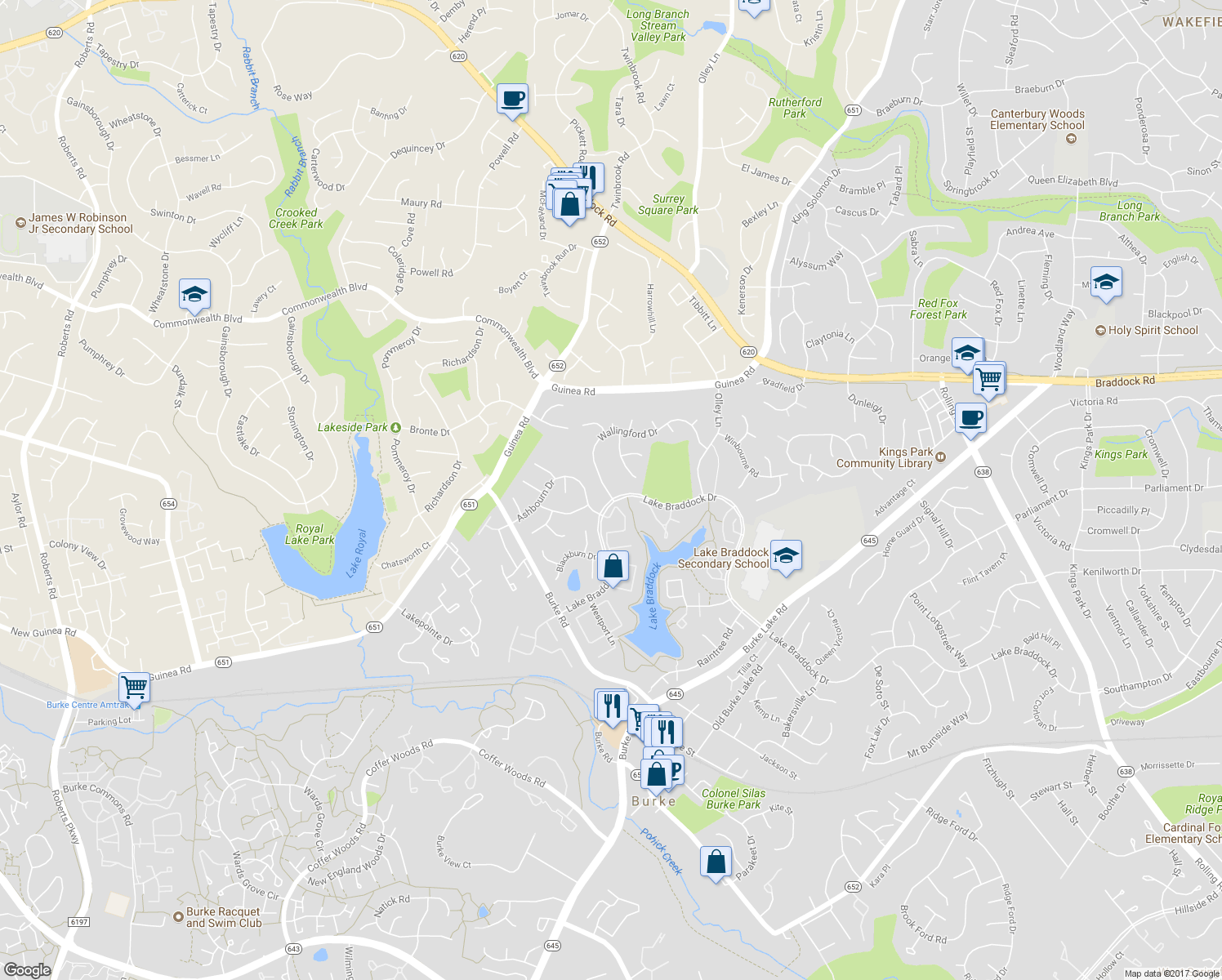 map of restaurants, bars, coffee shops, grocery stores, and more near 9533 Wallingford Drive in Burke