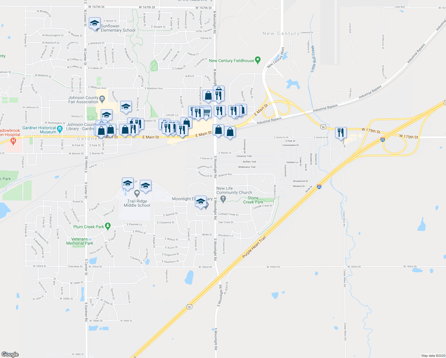 map of restaurants, bars, coffee shops, grocery stores, and more near 909 Wildcat Run in Gardner