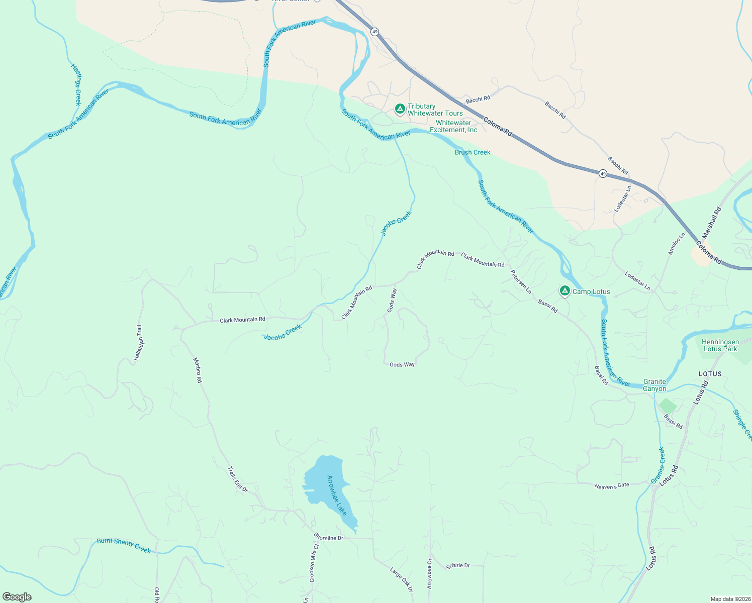 map of restaurants, bars, coffee shops, grocery stores, and more near 5920 Clark Mountain Road in El Dorado County