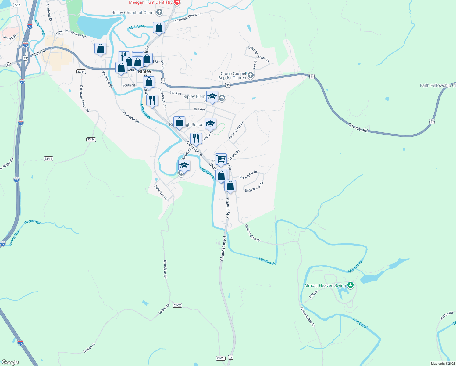map of restaurants, bars, coffee shops, grocery stores, and more near 104 Greer St in Ripley