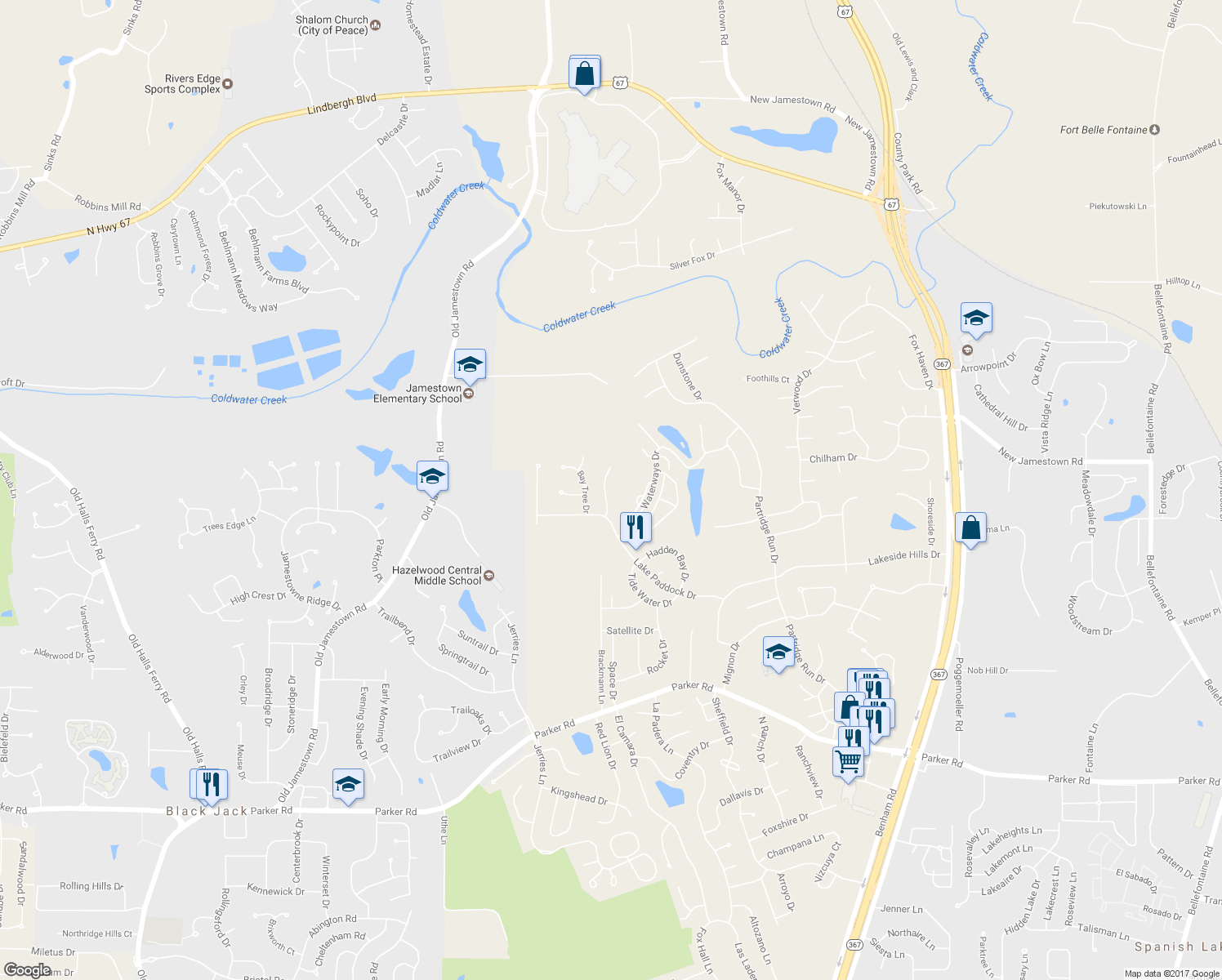 map of restaurants, bars, coffee shops, grocery stores, and more near 12720 Needle Point Court in Florissant