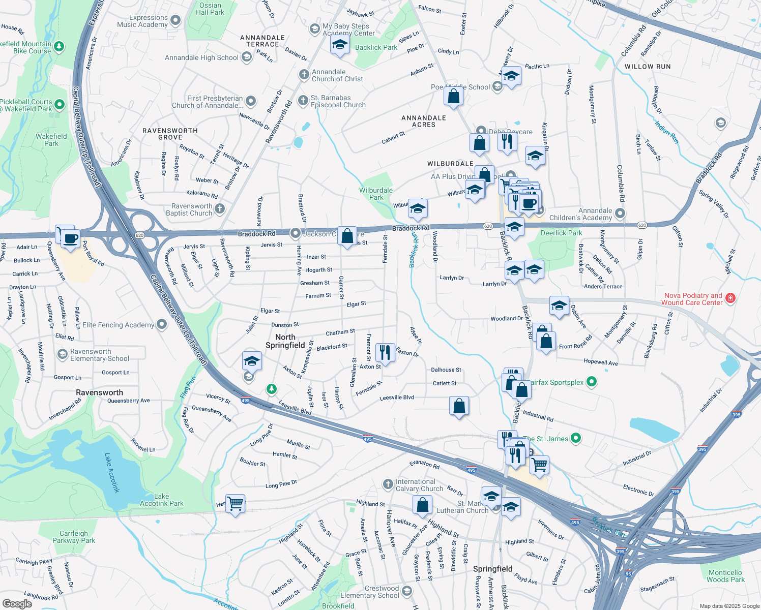map of restaurants, bars, coffee shops, grocery stores, and more near 5305 Ferndale Street in Springfield