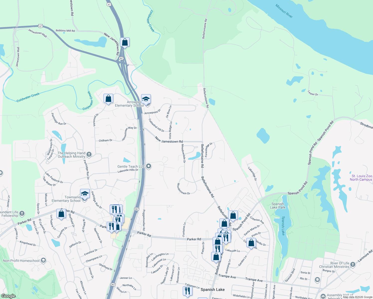 map of restaurants, bars, coffee shops, grocery stores, and more near 1742 Honeybrook Lane in St. Louis