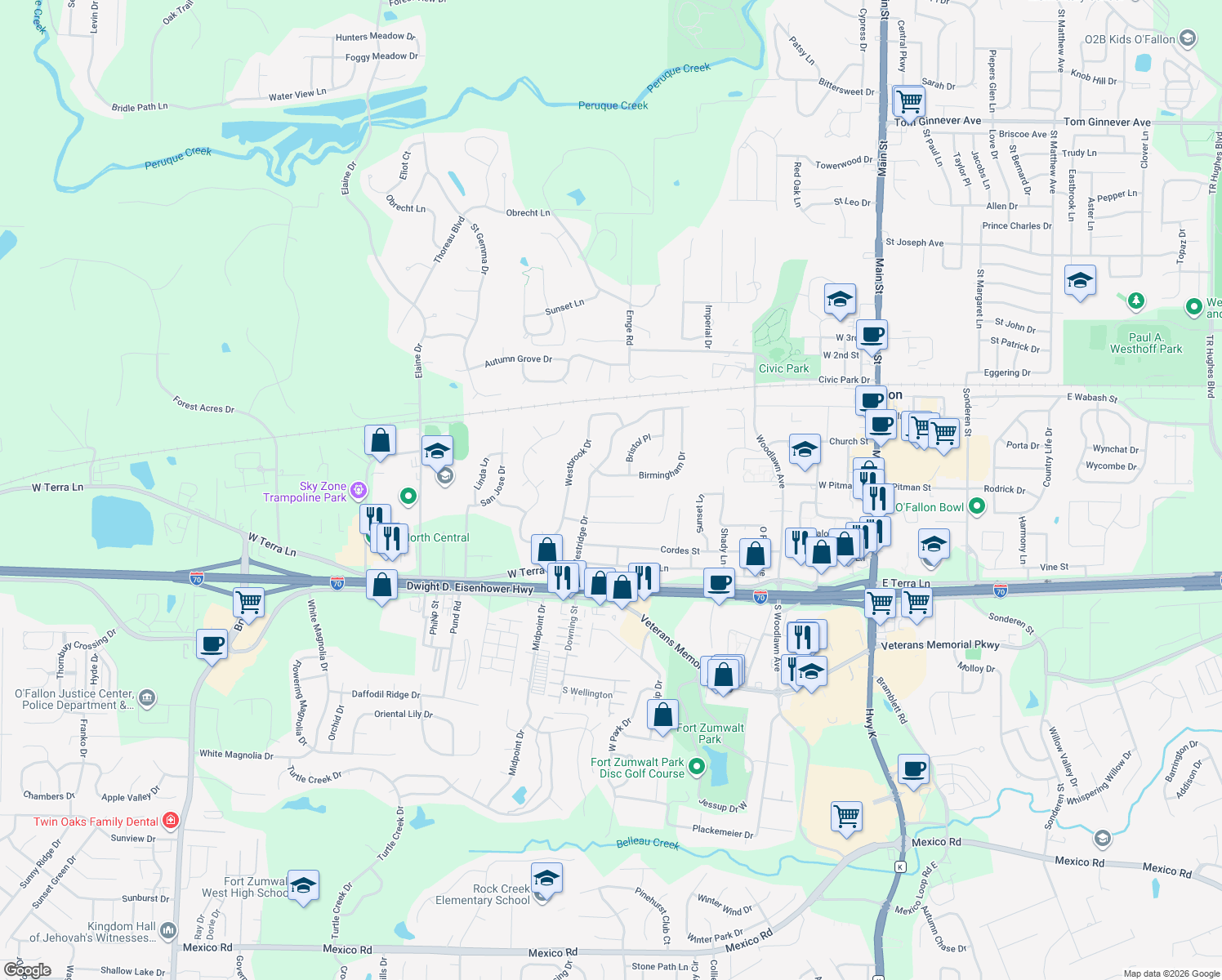 map of restaurants, bars, coffee shops, grocery stores, and more near 735 Winston Place in O'Fallon