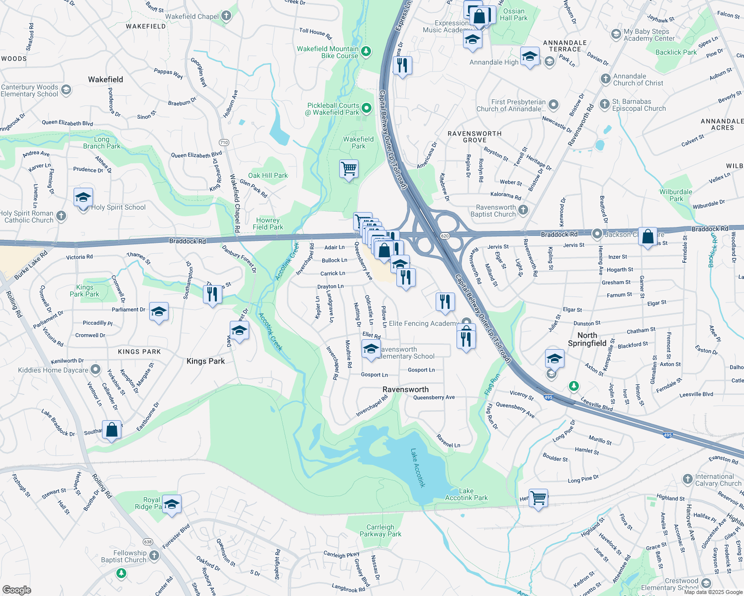 map of restaurants, bars, coffee shops, grocery stores, and more near 5231 Oldcastle Lane in Springfield
