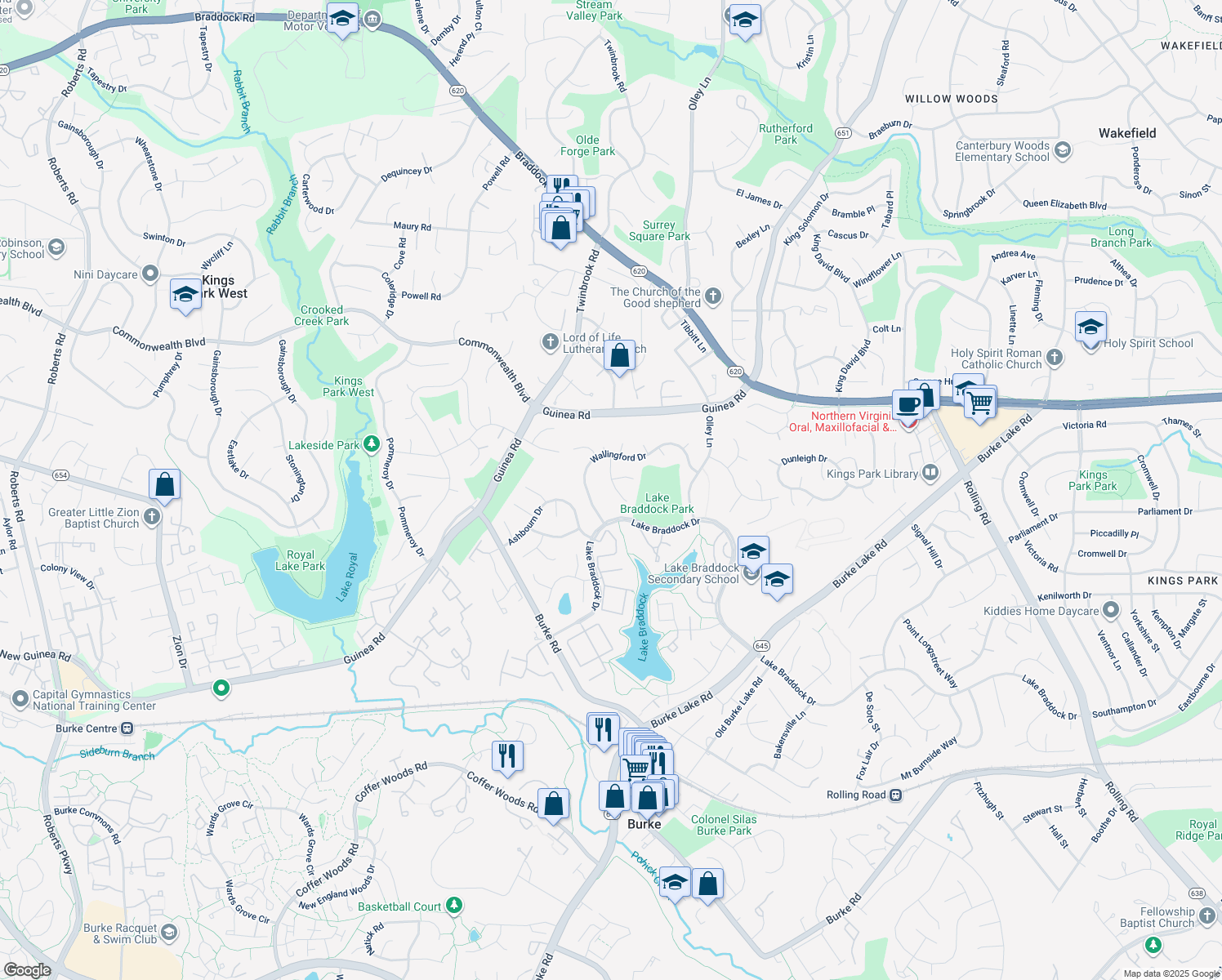 map of restaurants, bars, coffee shops, grocery stores, and more near 5222 Lighthorne Road in Burke