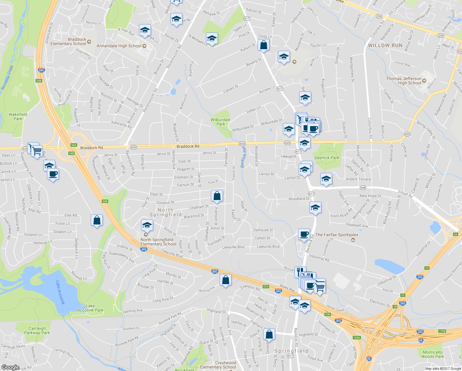 map of restaurants, bars, coffee shops, grocery stores, and more near 5303 Easton Drive in Springfield