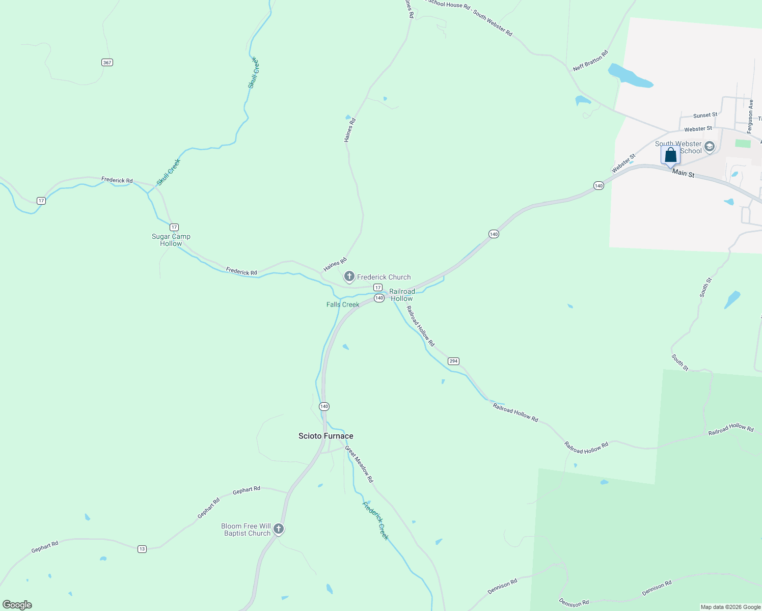 map of restaurants, bars, coffee shops, grocery stores, and more near 3600 Frederick Road in Wheelersburg