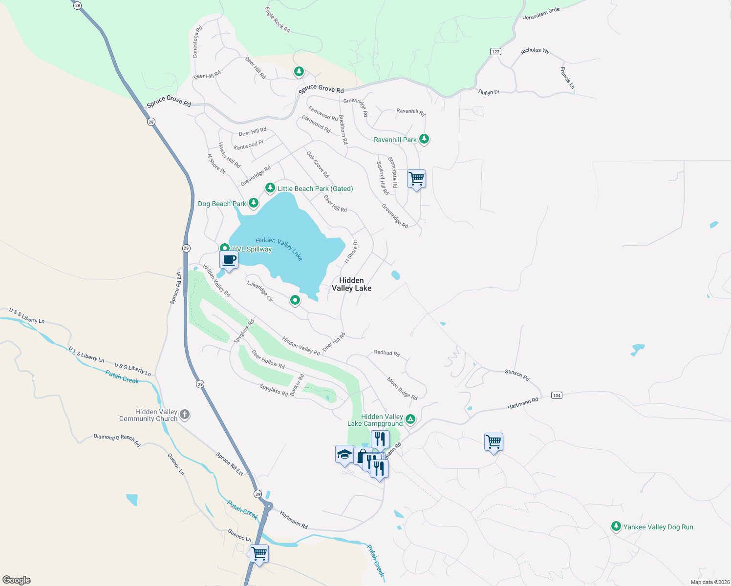map of restaurants, bars, coffee shops, grocery stores, and more near 17439 Meadow View Drive in Hidden Valley Lake