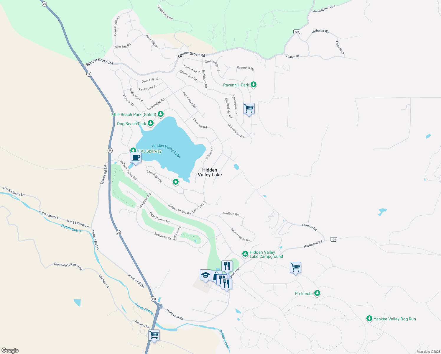 map of restaurants, bars, coffee shops, grocery stores, and more near 17384 Meadow View Drive in Hidden Valley Lake