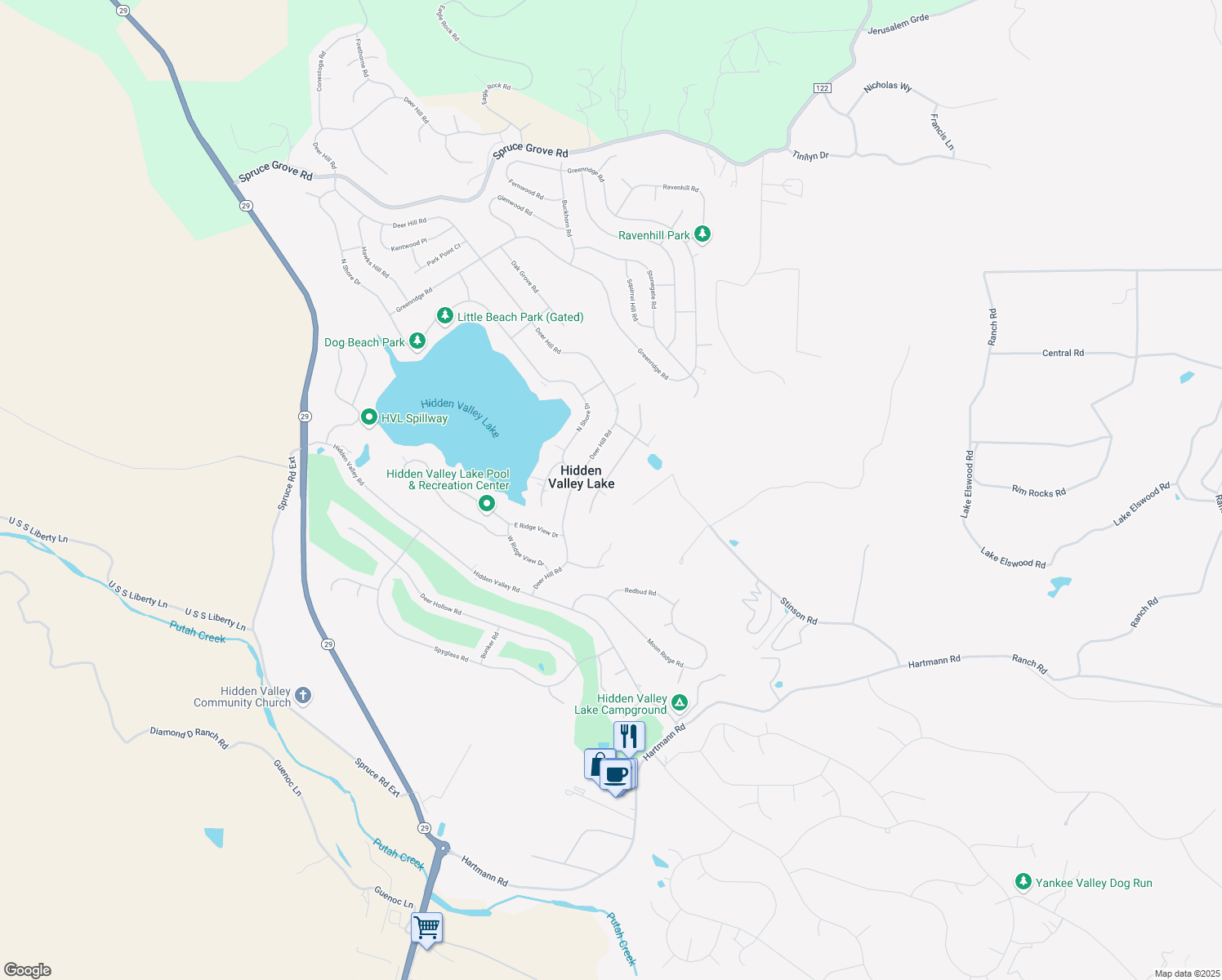 map of restaurants, bars, coffee shops, grocery stores, and more near 17444 Meadow View Drive in Hidden Valley Lake
