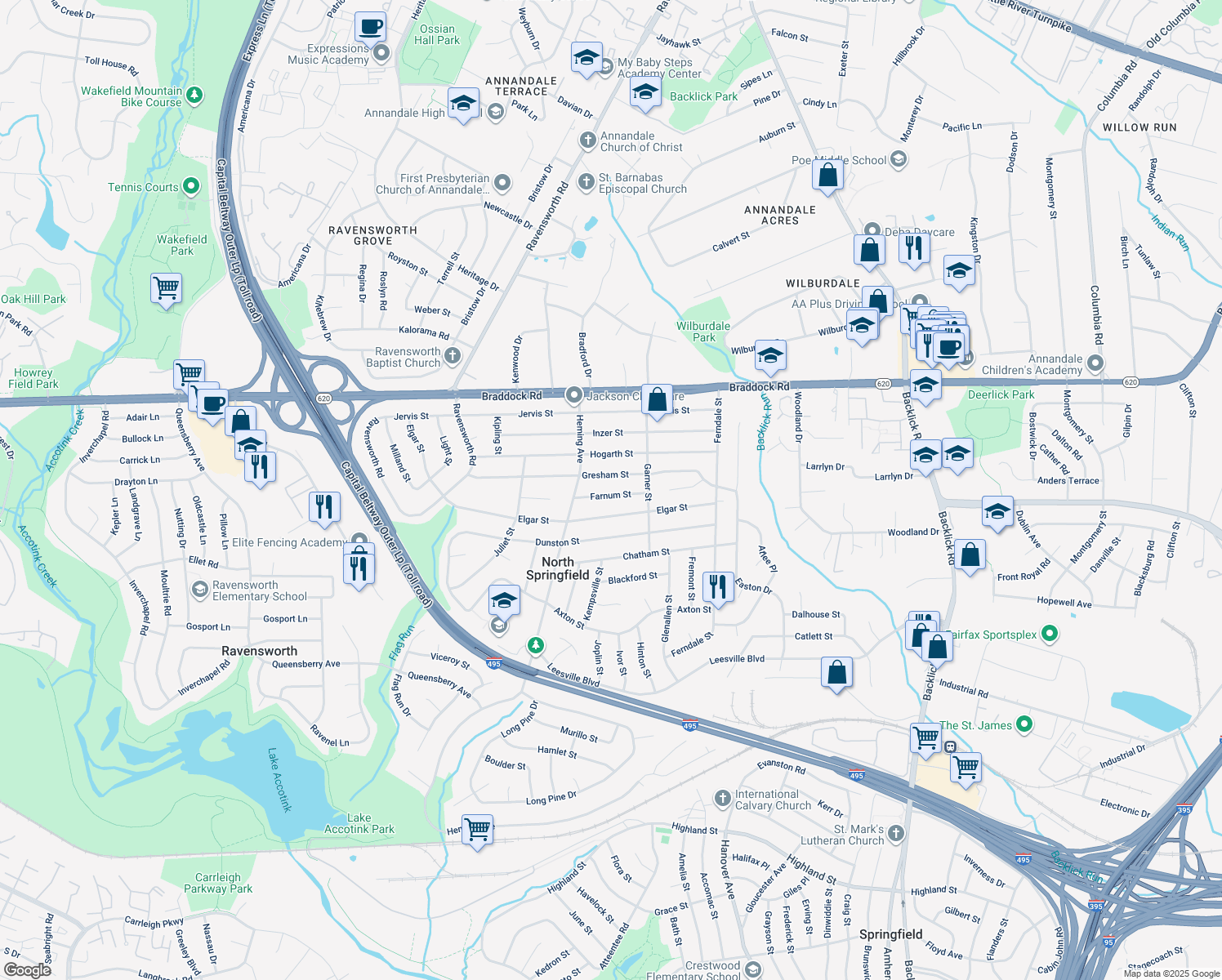 map of restaurants, bars, coffee shops, grocery stores, and more near 7410 Farnum Street in Springfield
